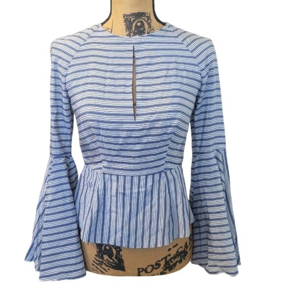 Milly size 2 silk blend bell sleeve blouse open back blue white stripes - Picture 4 of 9
